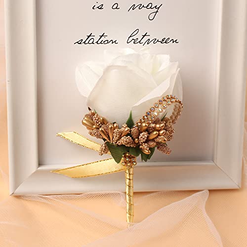 WANLIAN Rose Wrist Corsage Bridesmaid Corsage and Boutonniere Set for Wedding Prom Party Hand Flower Decoration Set of 2 (Gold + White)