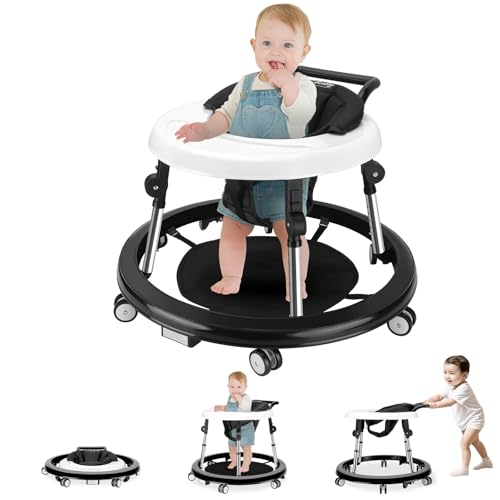XZV Baby Walker 10 Adjustable Heights Foldable Safety Walkers for Boys Girls Babies 6-18 Months Portable Activity Center Anti-Roll with Wheels and Large Dinner Plate, Black