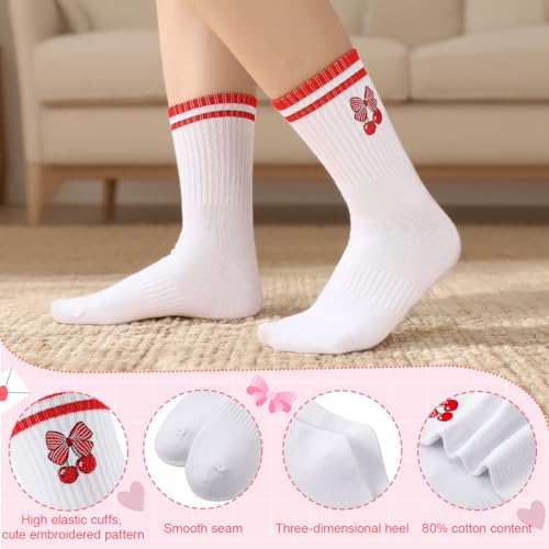 Jspupifip 6 Pairs Cute Cherry Crew Socks for Women Girls White Striped Crew Socks Funny Fruit Cotton Sock for Athletic Sports Running Casual Sock3