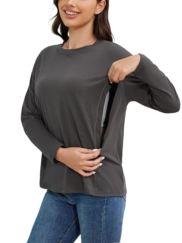 Image of Ecavus Women’s Zip Maternity Nursing Tops for Breastfeeding Long Sleeves Casual Nursing Shirts Pregnancy Mama Clothes