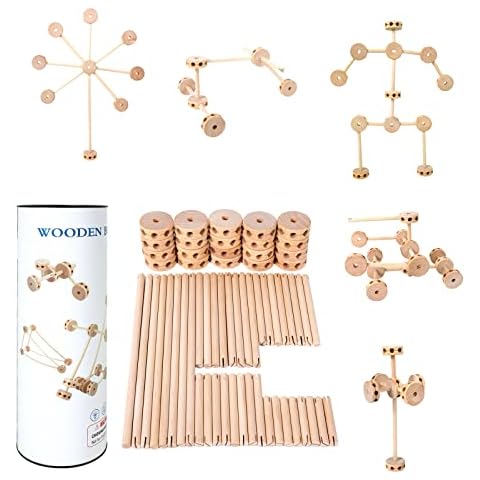WODI Wooden Building Blocks, 60pcs Large Natural Wood Stem Building Blocks-Instruction Manual Included-DIY Building Blocks Splicing Creativity Montessori Building Blocks for Kids Ages 4-8 Cover