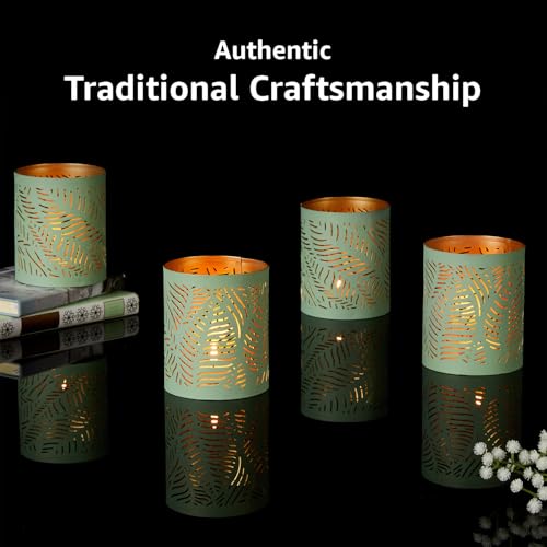 Image of Amazon Brand - Solimo Tea Light Votive - Round Leaf Design, Sea Green Iron with Gold Interior, Set of 4 (Size: L-7.5 cm x W-7.5 cm x H-10 cm)