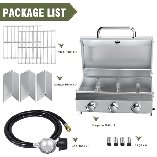Image of Bestfire 3-Burner Tabletop Gas Grill, 30,000 BTU Portable Propane Grill with Heavy-Duty Thickened Grates & Stainless Steel Knobs, Compact Design&Detachable Legs for Camping, RV, Backyard BBQ