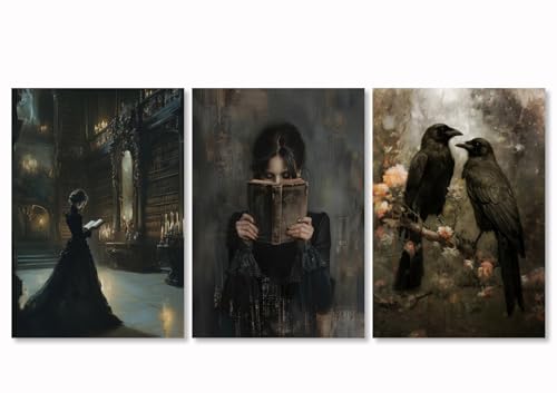 3Pcs Gothic Wall Art Halloween Wall Decor,Dark Academia Library Paintings