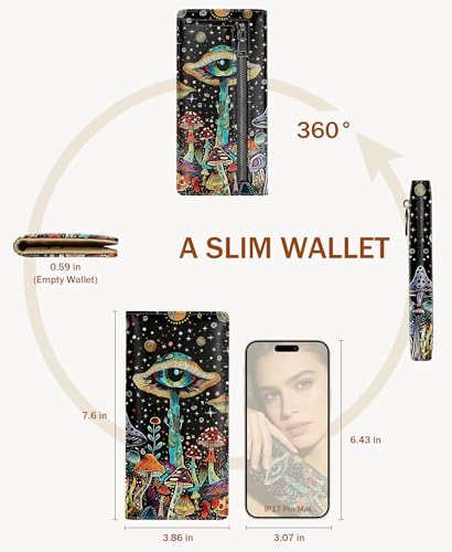 Image of Immaturus Womens Wallet, Mushroom Eye Slim Thin RFID Blocking Credit Card Wallets, Long Bifold PU Leather Card Holder Organizer, Black Cash Clutch Billfold with Zipper Coin Pocket Ladies Girls Gift