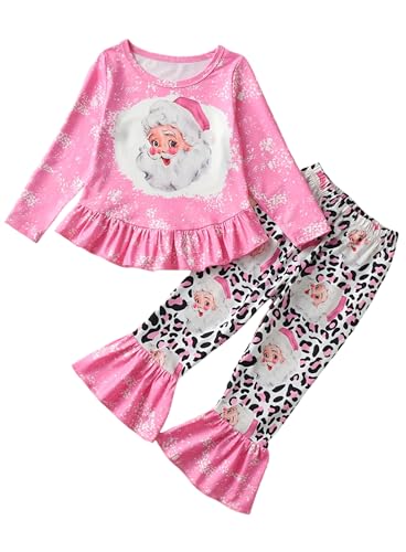 Image of Toddler Little Girl Christmas Outfit - Pink Santa Claus Clothes Long Sleeve Ruffle Top Leopard Print Flare Pant Set