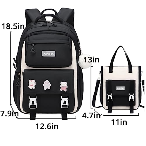 Kawaii Backpack with Cute Accessories Pins Pendant Aesthetic 3pcs Set Rucksack Sling Bag Casual Daypack (Black,M)3