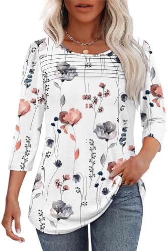 OFEEFAN Womens Tops 3/4 Length Sleeve Blouses Dressy Casual Spring Summer Outfits Pleated Front T Shirts Curved Hem