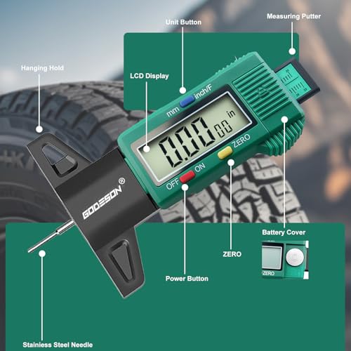 Image of GODESON Tire Tread Depth Gauge - Large LCD Screen with Inches /Millimeters /Fraction Units, Zero Reset Function, Digital Tire Depth Gauge for Car, Truck, SUV, Green Tread Wear Measurement - 0-25.4mm