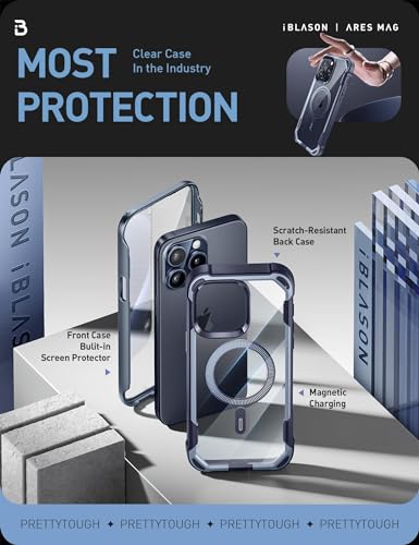 Image of i-Blason AresMag for iPhone Pro Max Case with Built-in Screen Protector, Clear Full-Body Anti-Slip Shockproof Rugged Bumper Case Compatible with MagSafe (Navy)