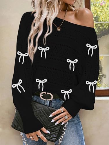 Image of Cakulo Womens Off Shoulder Crochet Sweater Top 2025 Fall Fashion Batwing Long Sleeve Sweaters Outfits Bow Black XL