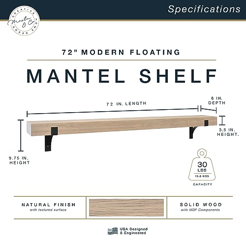 Image of MCS 72-Inch Mantel, Master & Co Natural Woodgrain Finish Solid Wood Floating Fireplace Mantel, Long Floating Shelf for Livingroom with Wood Cleat Hanging System, Photo and Home Decor Display Shelf