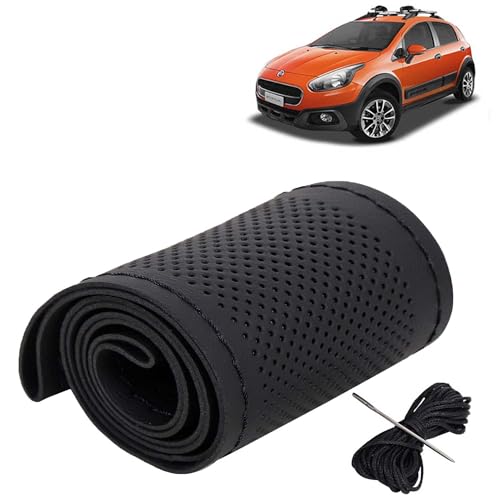 Image of KINGSWAY PU Leatherite Car Steering Cover Sewable Compatible with Fiat Avventura (Year 2014-2019), Black Color with Black Thread, Pack of 1 with Sewing Needle and Thread