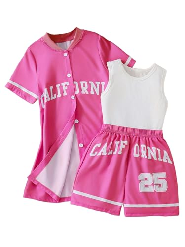Hilinker Girls 3 Piece Outfits Graphic Tank and Short Sleeve Cardigan with Shorts Set Hot Pink CALIFORNIA 7-8 Year