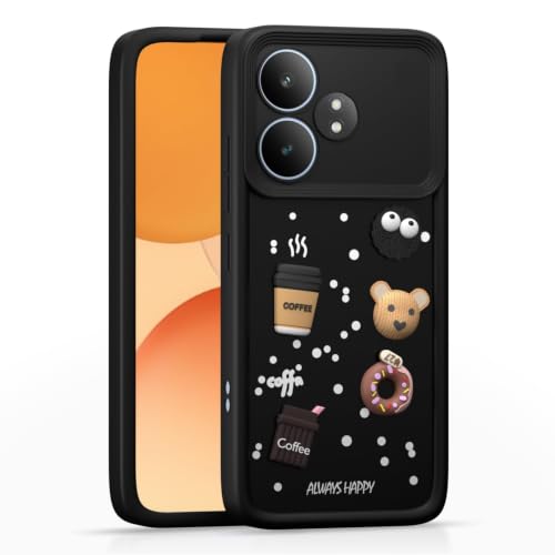 Image of Bintage Back Cover Compatible for Realme GT 6T 5G | Cute 3D Taddy Ball Bear Milk Cake Coffee Silicon Case Full Body & Camera Protection - Black