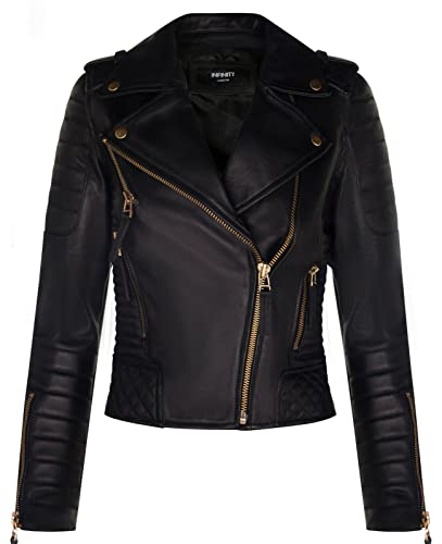 Ladies Leather Biker Jacket Quilted Matte Black Gold Zip Real Nappa Goth Fashion Moto Jacket