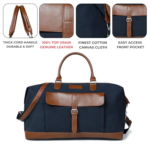 Image of Genuine Leather Large 40L Canvas Weekender Travel Duffle Cabin Bag with Detachable Shoulder Strap for Men and Women Overnight Sling Bag (Blue)