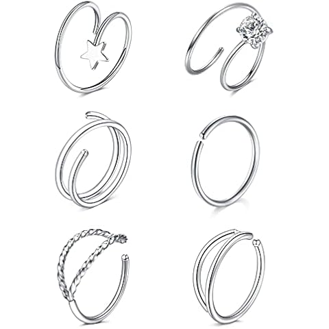 LAURITAMI 6pcs Double Hoop Nose Ring for Single Piercing Spiral 20G Thin Snug Earring Hoop 10mm Piercing Jewelry CZ Star Cover
