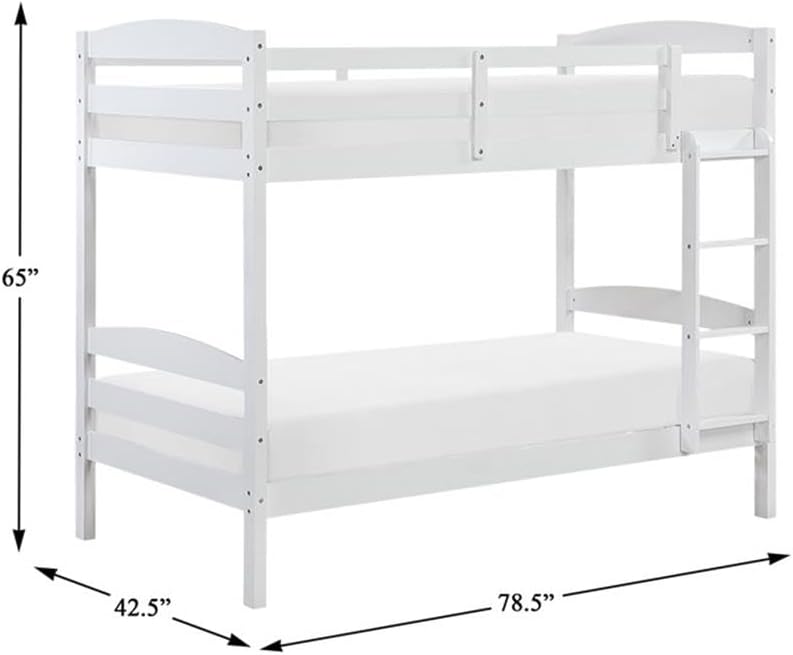Pemberly Row Twin Over Twin Bunk Bed, Wire Brushed White Finish, Asian Hardwood and Engineered Wood, Space-Saving Design with Guard Rails and Ladder, No Box Spring Needed, Compact Bedroom Furniture