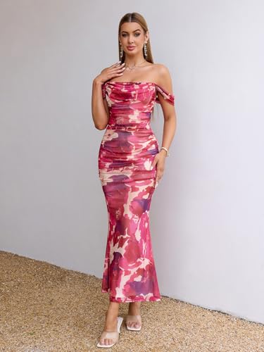 Image of KUTUMAI Off The Shoulder Maxi Long Dress Corset Ruched Bodycon Cocktail Formal Wedding Guest Dresses for Women