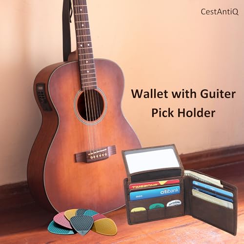 Full Grain Leather RFID Blocking Bifold Wallet for Men with Guitar Pick Holder, Slim Leather Billfold, Classic Gift Wallet (Pass Case Wallet, Brown)3