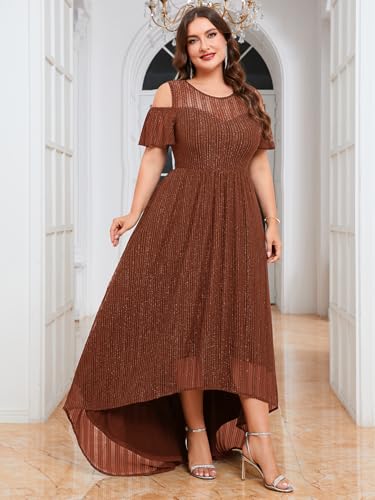 Image of ZOMVA Plus Size Sparkly Mesh Maxi Dress Cold Shoulder Ruffle Sleeve High Low A Line Dresses Wedding Guest Cocktail Party