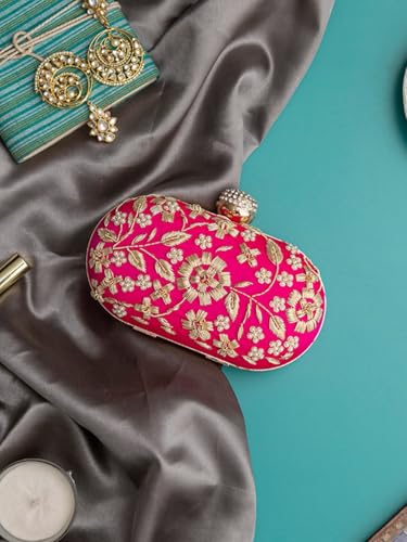 Image of THE TAN CLAN Hand Embroidered Luxury Clutch Purse for Women | Evening Hand Clutch Bag | Ladies Party Wedding Purse with Chain Strap | Ethnic Woman Handbag Gift for Birthday, Anniversary