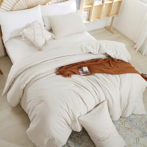 Image of weigelia Beige Comforter Queen Size 3PCS Bed Comforter with 2 Pillowcases - Ligtweight Soft Solid All Season Queen Comforter Bed Set - Boho Aesthetic Bedding Set for Men and Women