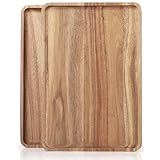 2 PCS 16 x 12 in Large Solid Acacia Wood Serving Trays Rectangular Wooden Serving Platters Natural Wooden Boards for Bar Coffee Party（Wood Log Color）