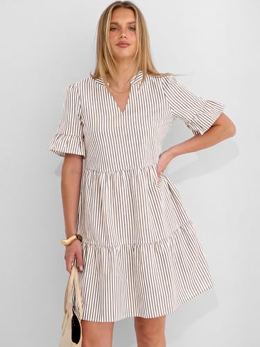Image of Caracilia Dresses for Women Summer 2026 Striped V Neck Ruffle Sleeve A Line Tiered Flowy Casual Mini Beach Dress with Pockets