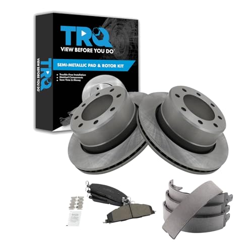 Image of TRQ Rear Brake Pad & Rotor Kit Parking Brake Shoe Set Semi-Metallic Compatible with 2009-2010 Dodge Ram 2500, 3500 2011-2018 Ram 2500 3500