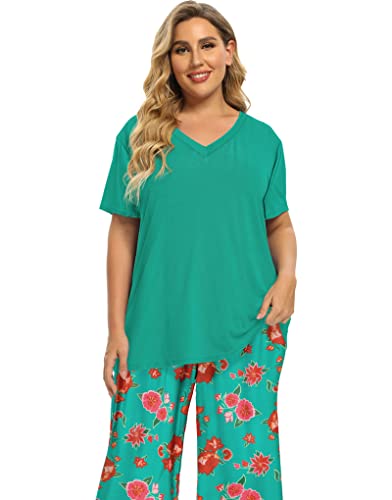 Image of Vozanet Women's V Neck Sexy Pajamas Capri Sets Mexican Style Floral Sleepwear 2PCS Totem Casual Nighty Plus Size M to 5XL