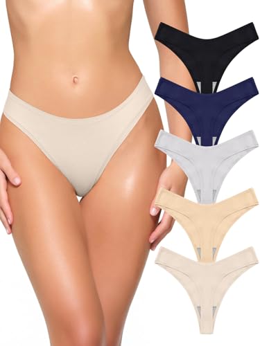 REORIA Womens Cotton Seamless Thongs Panties for Women No Show Breathable Underwear 5 Pack