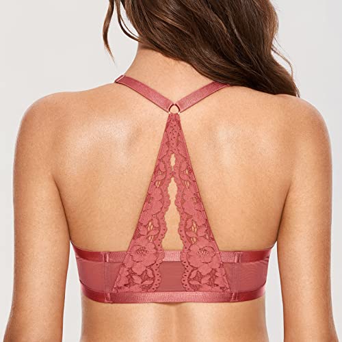 Image of DOBREVA Women's Front Closure Push Up Bra Underwire | Floral Lace, Racerback, Sexy, Cleavage, Padded, Plunge, Party, Date, Supportive