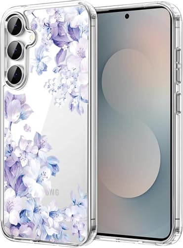 Image of Elzzi Clear Transparent Flower Cover for Samsung S25 5g Case Shockproof Floral Design Full Camera Protection Shockproof PC+TPU Covers Transparent Flower Cover for Girls & Women 2025 6.2 inch (Purple)