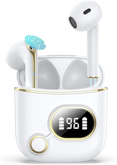 Wireless Earbuds Wireless Headphones Headphones with LED Power Display Hi-Fi Stereo Sound Built-in Microphone Touch Control for Workout Running Work (White)