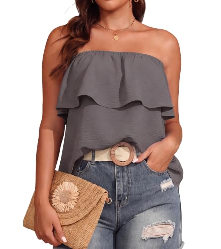 JINKESI Women's Ruffle Trim Tube Tops Casual Summer Backless Strapless Top Sleeveless Going Out Bandeau Tanks Shirt Gray,X-Large