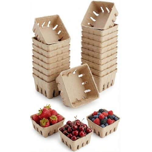 15 Pack Natural Pulp Fiber Berry Basket, Small Vented Produce Baskets for Farmers Market Display, Fruit and Vegetable Storage for Strawberry, Blueberry, Raspberry,Bakery Display