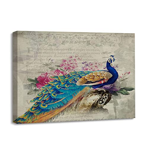 Peinture paon rétro sur toile de qualité avec cadre en bois robuste