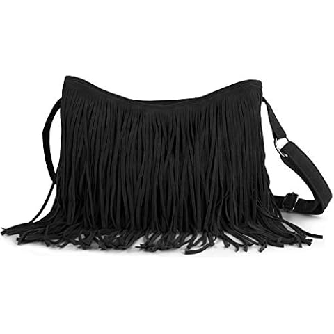 Hoxis Tassel Faux Suede Leather Hobo Cross Body Shoulder Bag Womens Sling Bag (Black) Cover
