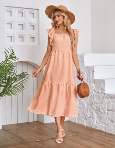 Verão feminino estilo boêmio sem mangas decote quadrado evasê solto praia vestido longo (Purple,Medi