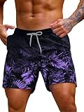 Verdusa Men's Drawstring Waist Swimwear Beach Shorts Swim Trunks with Pockets Black Purple Medium