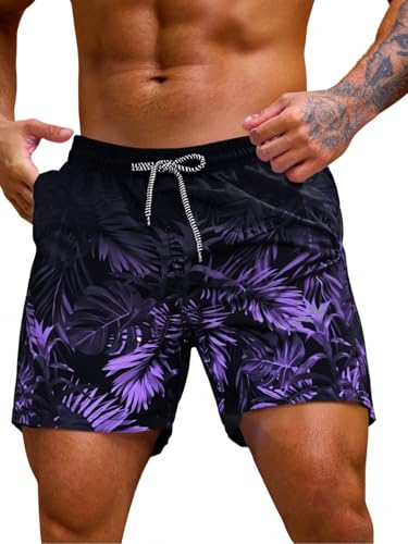 Verdusa Men's Drawstring Waist Swimwear Beach Shorts Swim Trunks with Pockets Black Purple X-Large