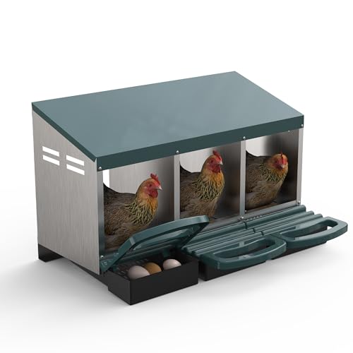GarveeLife Chicken Nesting Box 3 Hole, Galvanized Steel Nest with Roll Away Egg Collection & Swing Perch, Easy-Clean Laying Box for Hens, Heavy Duty Design for Chicken Coop