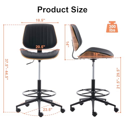 Image of Drafting Chair, Ergonomic Office Chair with Walnut Wood Back Support, Armless PU Leather Desk Chair with Height-Adjustable, Thick Cushion for Home, Bar, Drafting, Office (Black)
