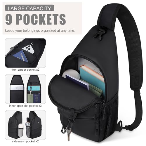Pritent Crossbody Bags for Women Men Trendy Sling Bag Bakpack Casual Chest Bag with Convertible Shoulder Strap Travel Cross Body Bag for Hiking Traveling Outdoors(PU Leather Black)