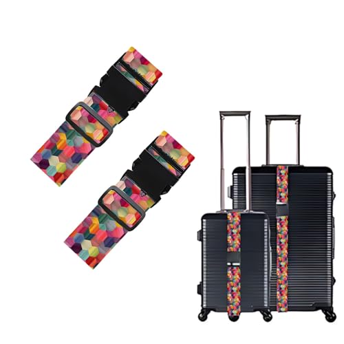 Image of Colorful Luggage Straps 2 Pack - Geometric Hexagon Pattern Suitcase Belts with Quick-Release Buckle, Spring Summer Travel Accessories