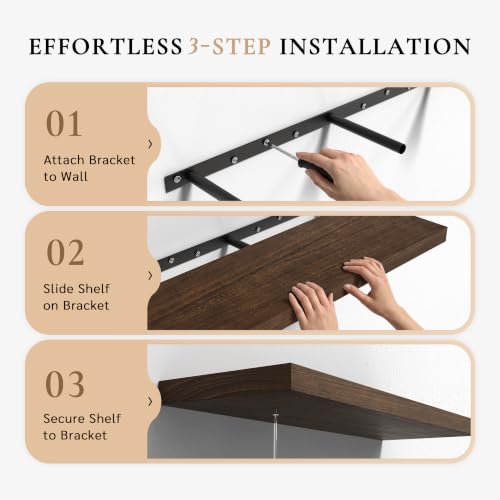 Image of 60 inch Extra Deep Floating Shelves, Set of 3, Walnut Wood | 60 inchL x 12 inchD x 1.8 inchH, Set of 3, Solid Paulownia Wood, Walnut Finish, Hidden Brackets, Hardware Included