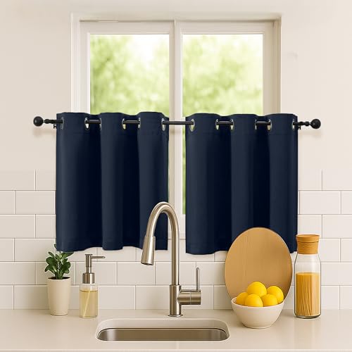 Image of Simplebrand Navy Blue Short Kitchen Curtains 24 Inch Length 2 Panels Set, Small Windows Room Darkening Curtain for Bathroom, Cabinet, Basement, RV Camper, Thermal Insulated Short Drapes, 40 x 24 Inch