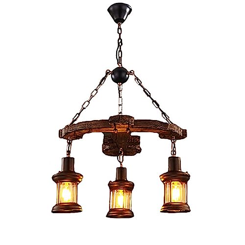 Lustre de ferme pour salle à manger en bois et verre à 3 lampes pour îlot
